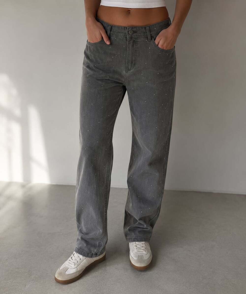 Chico's Size 2.5 Short Gray Rhinestone Embellished Straight Leg Jeans